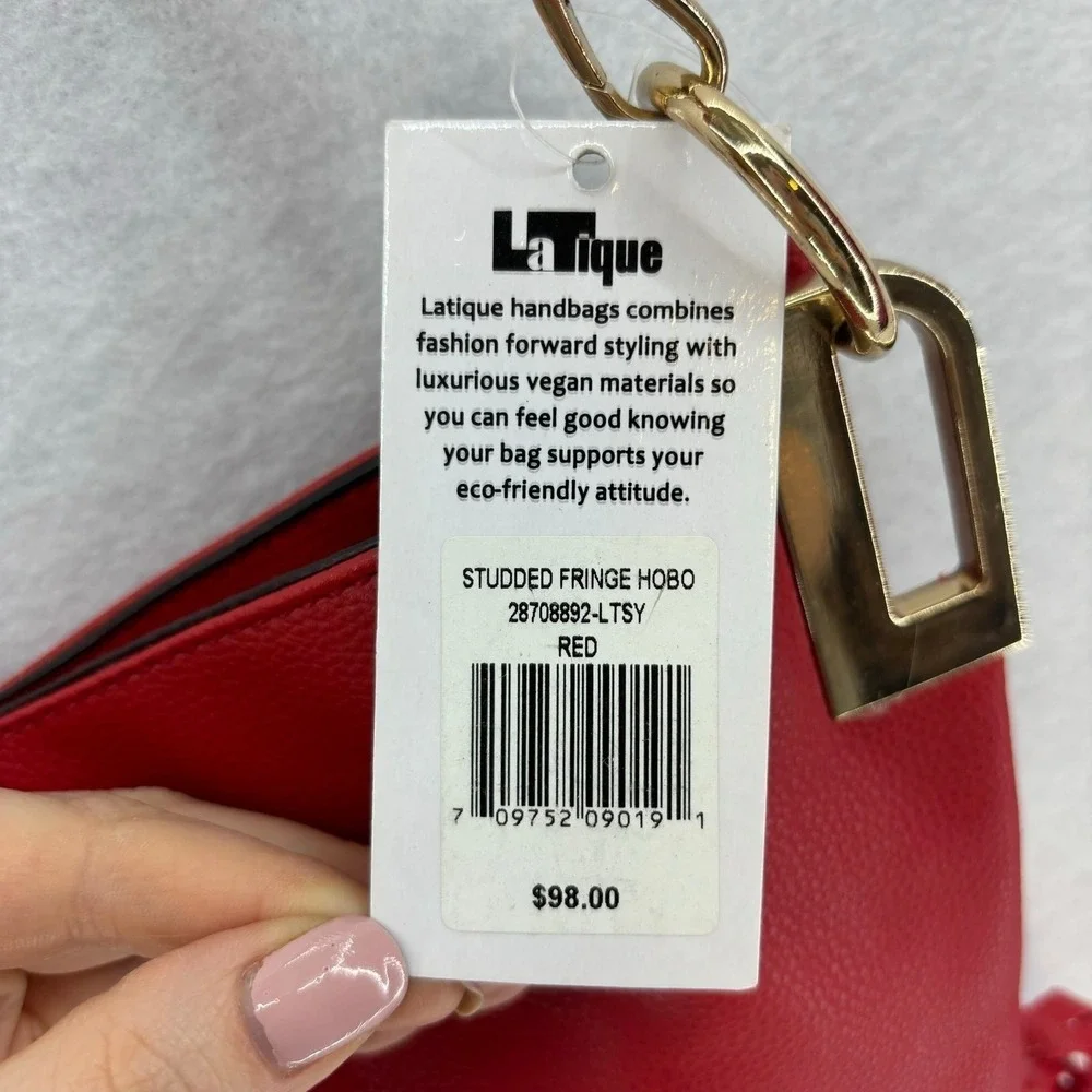 LaTique Red Studded Fringe Hobo Bag Vegan Leather Boho Western Festival Cowgirl